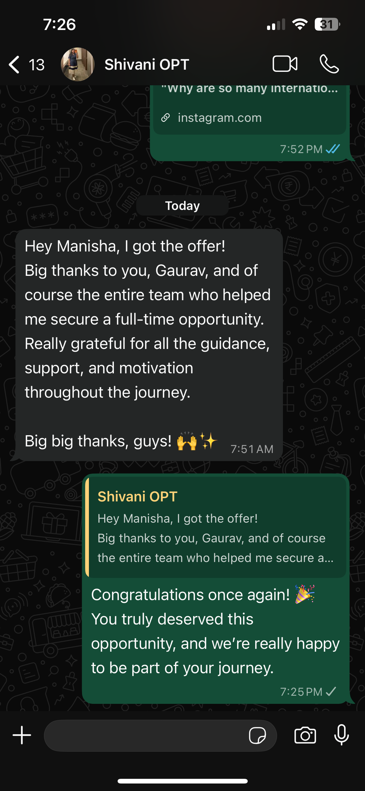 Shivani OPT — full-time offer